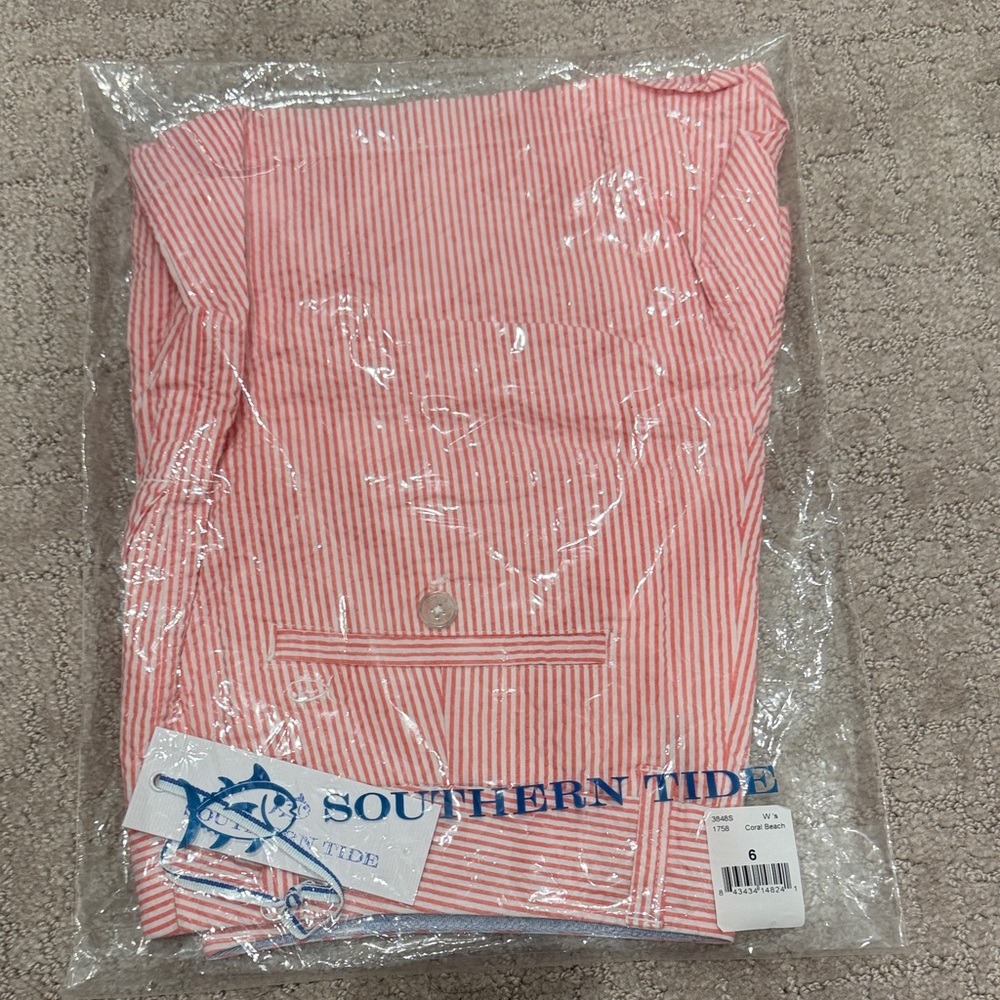 Southern Tide Coral and White Striped Seersucker Shorts